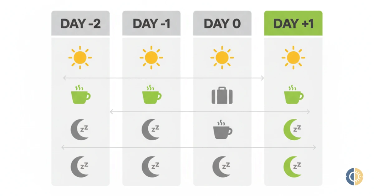Calendar with days marked: Day -2, Day 0, Day +1, etc., with icons for sunlight, sleep, and caffeine