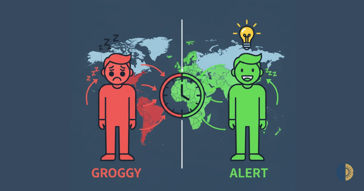 Two people: one groggy, one alert, standing in front of a world map. Arrows showing time zones.