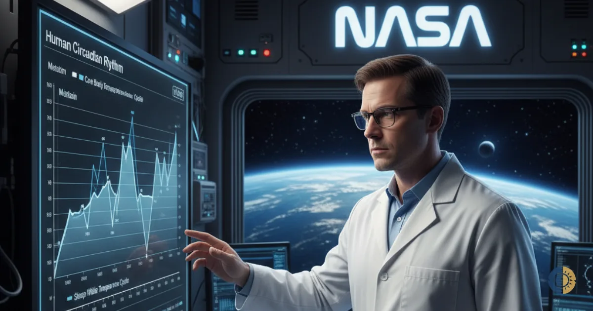 A scientist in a lab coat pointing to a chart showing circadian rhythm cycles