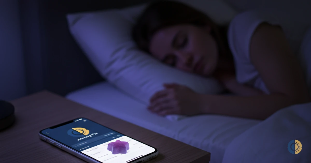 Melatonin gummy on nightstand next to sleeping person