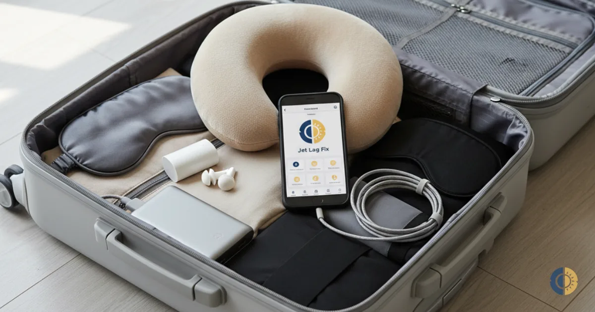 A suitcase open with items: sleep mask, neck pillow, earplugs, eye shades, portable charger. Jet Lag Fix app open on phone.