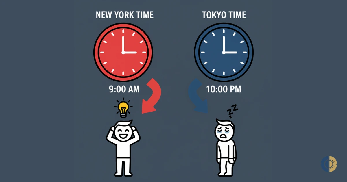Two side-by-side clocks: one showing New York time, one showing Tokyo time